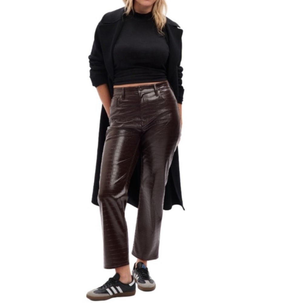 NEW Gap Brown High Rise Vegan Croc Leather Cheeky Straight Pants Size 29